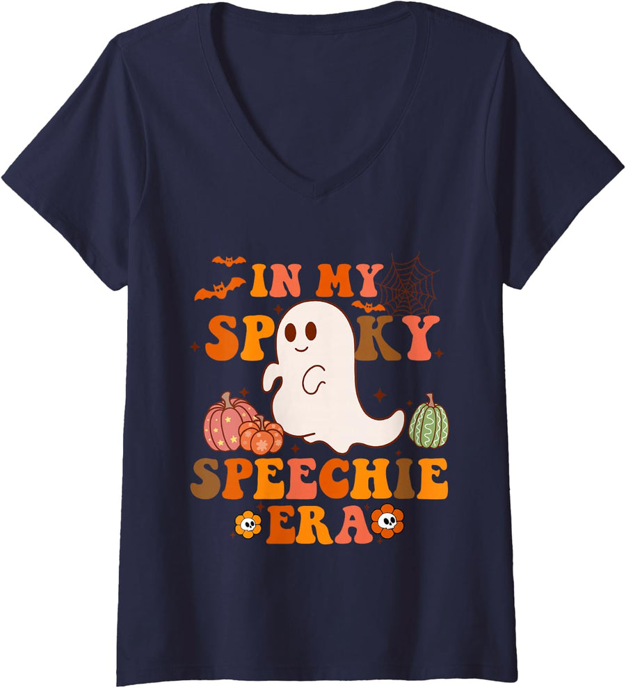 Women's Retro in My Spooky Speechie Era Halloween Language Pathology V-Neck T-Shirt - Navy Blue