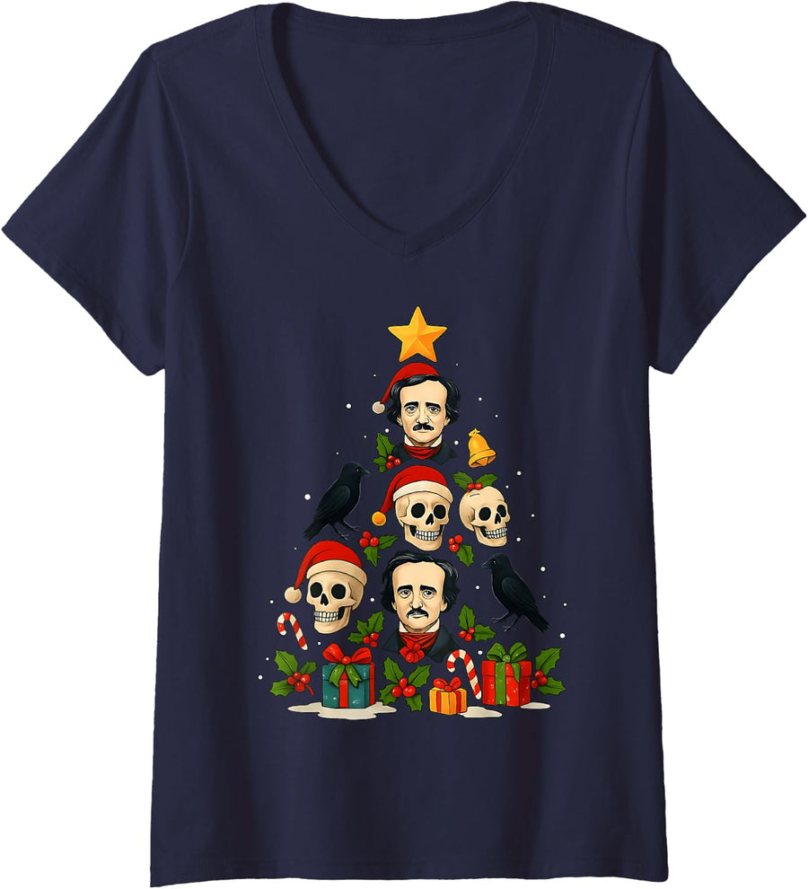 Women's Edgar Allan Poe Literature Raven Skull Christmas Tree V-Neck T-Shirt - Navy Blue