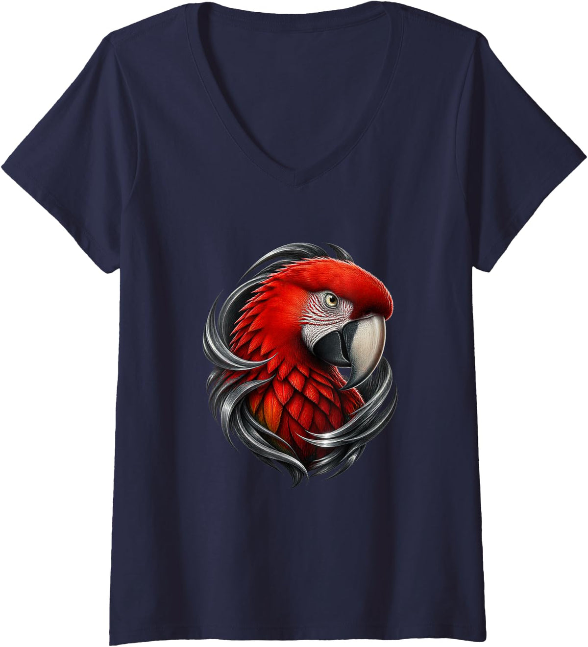 Women's Scarlet Macaw with Graphite Wind Curves Parrot Art V-Neck T-Shirt - Navy Blue