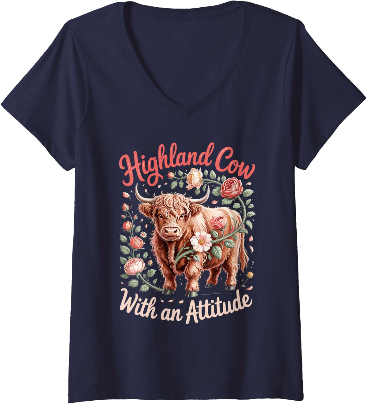 Women's Highland Cow with an Attitude V-Neck T-Shirt - Navy Blue