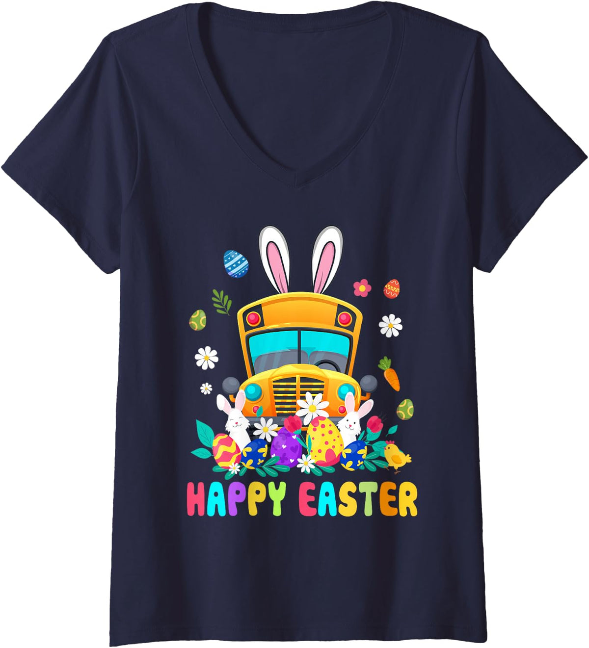 Women's Cute Every Bunny's Favorite School Bus Driver Happy Easter V-Neck T-Shirt - Navy Blue