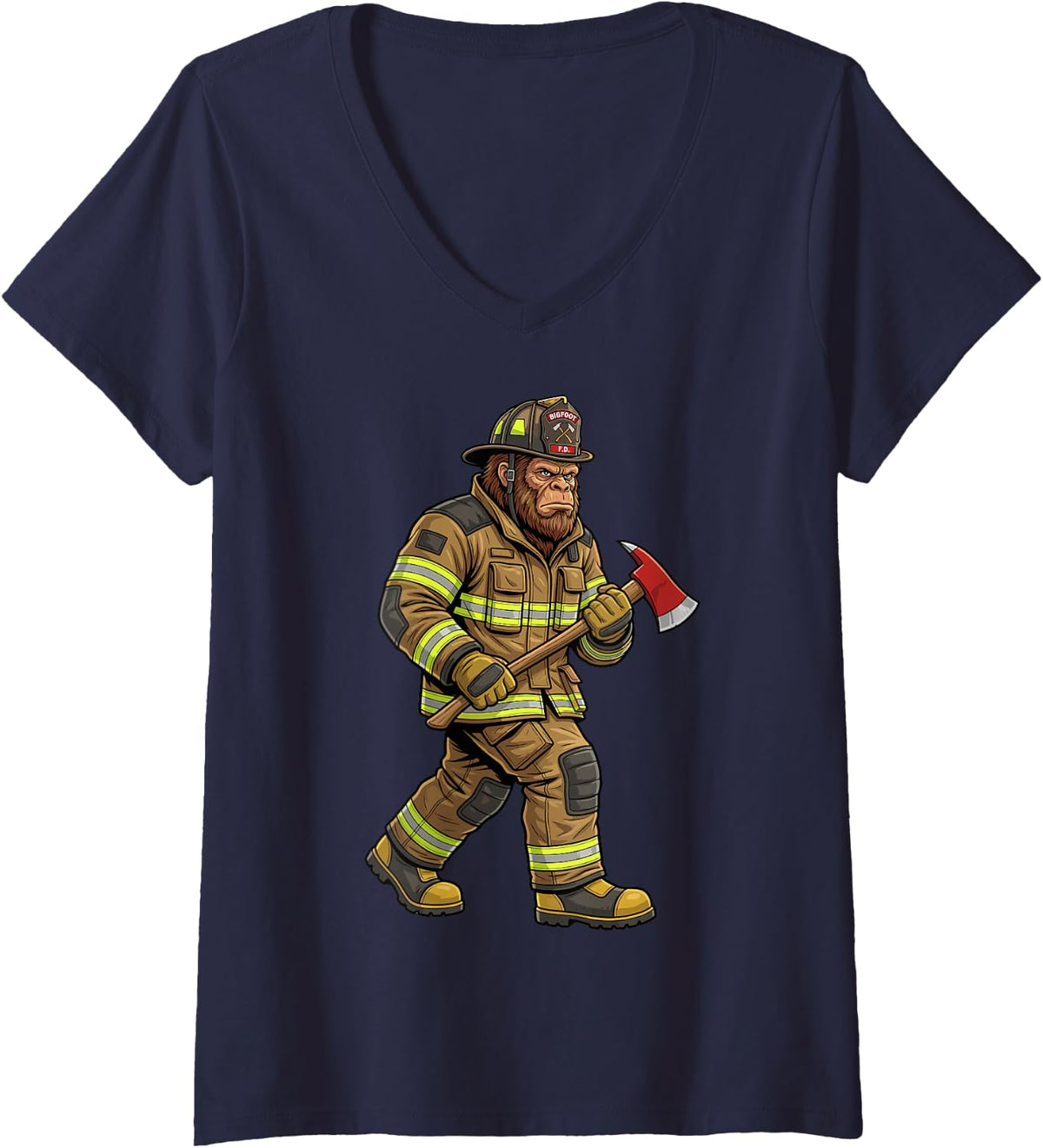 Women's Bigfoot Firefighter Fire Rescue Crew V-Neck T-Shirt - Navy Blue