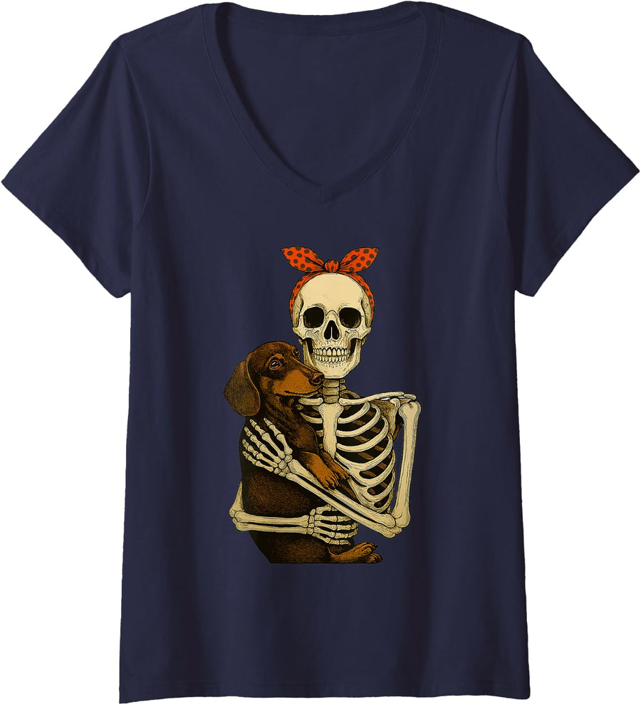 Womens Skeleton Holding Dachshund Dog Funny Lazy Halloween Costume V-Neck T-Shirt - Navy Blue