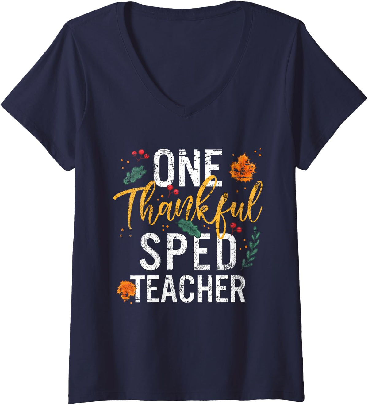 Women's One Thankful SPED Teacher Thanksgiving Vintage V-Neck T-Shirt - Navy Blue
