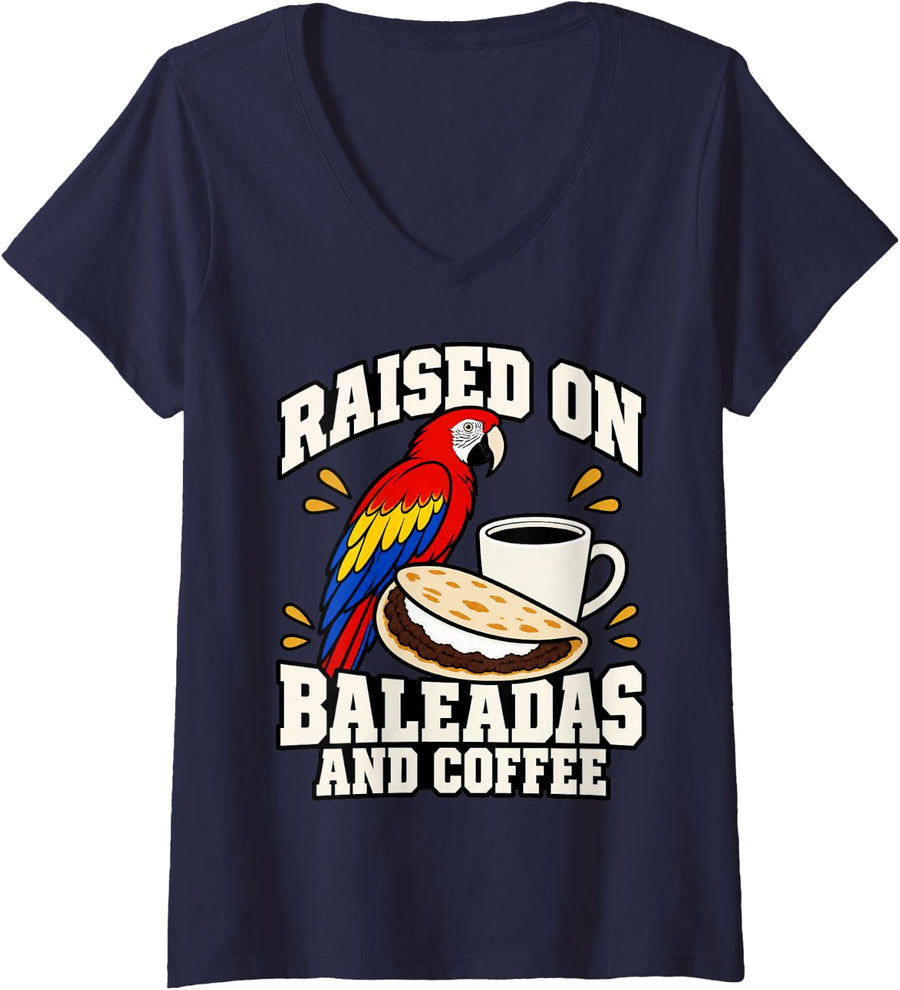 Women's Honduran Raised On Baleadas and Coffee Mom Scarlet Macaw V-Neck T-Shirt - Navy Blue