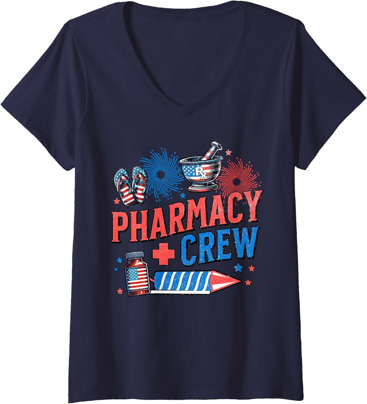 Women's 4th July Pharmacy Crew Nurse Pharmacy Technician Patriotic V-Neck T-Shirt - Navy Blue