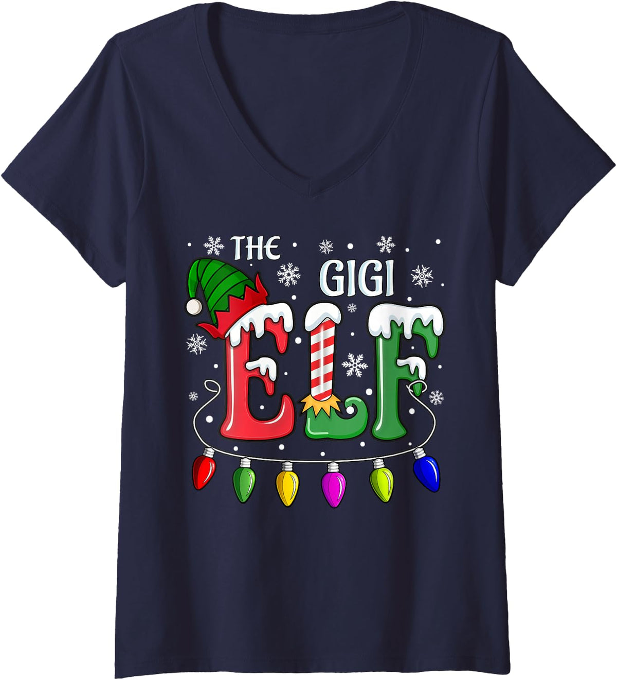 Women's Family Matching Group Christmas Gigi Elf Women Girls Xmas V-Neck T-Shirt - Navy Blue