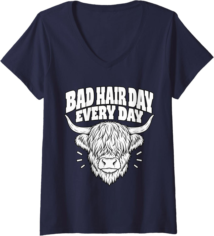 Women's Highland Cow Bad Hair Day Every Day Cattle Funny Fan Owner V-Neck T-Shirt - Navy Blue