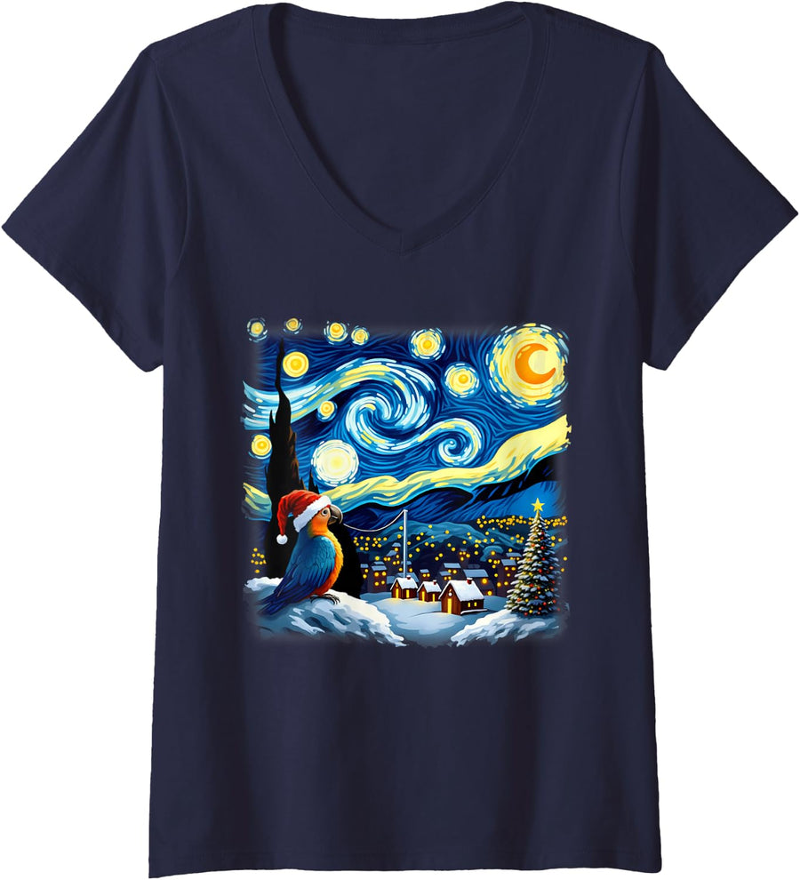 Women's Christmas Macaw Starry Night V-Neck T-Shirt - Navy Blue