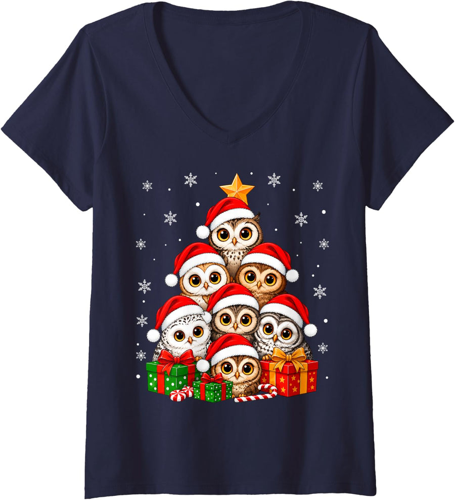 Women's Owl Christmas Tree Cute Festive Santa Owl Bird Xmas V-Neck T-Shirt - Navy Blue