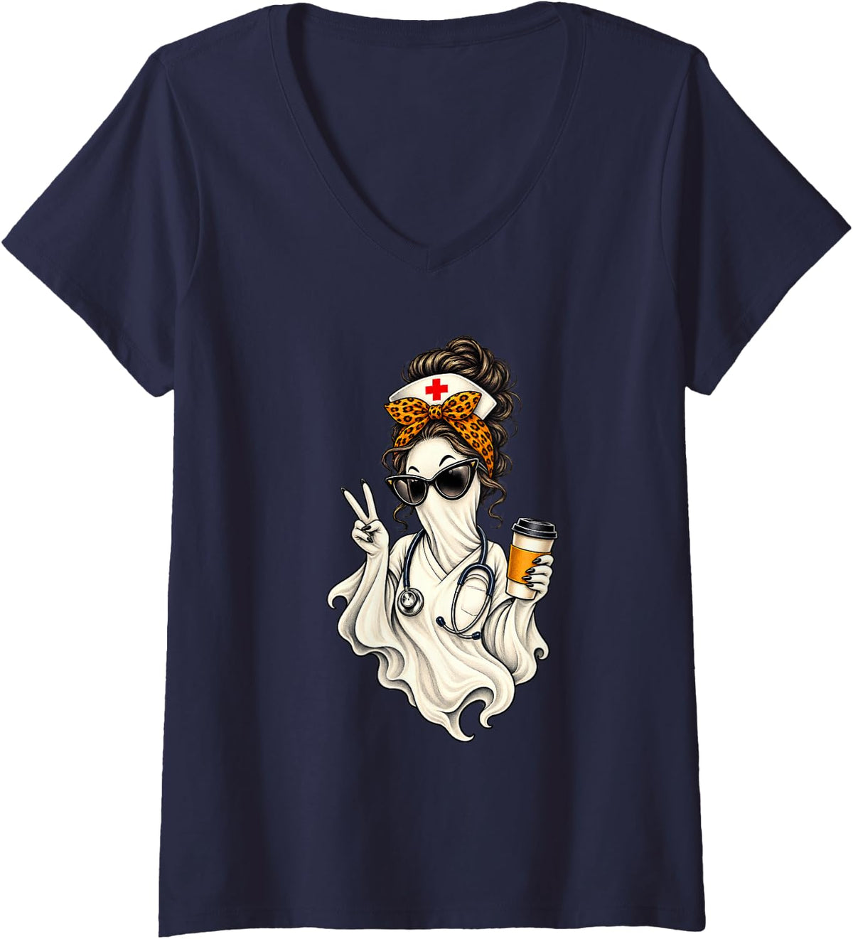 Women's Vintage Ghost Nurse Leopard Bow Coffee Lover Halloween V-Neck T-Shirt - Navy Blue