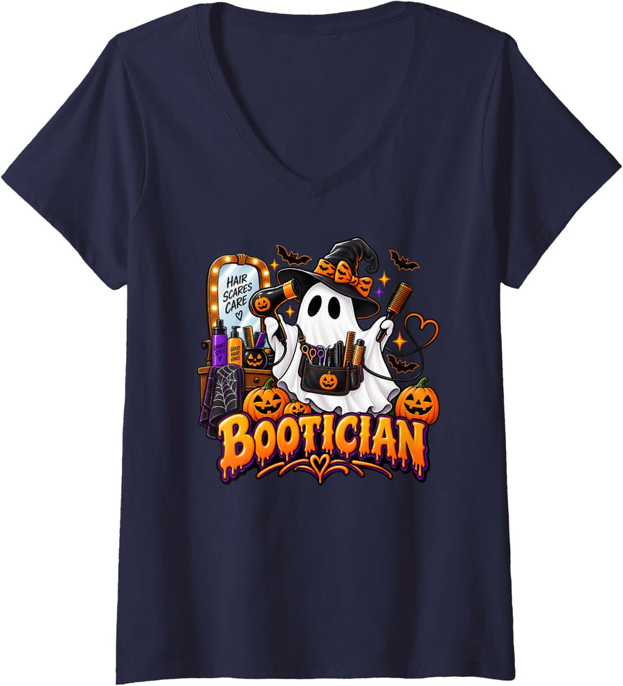 Women's Bootician Funny Halloween Hairstylist Ghost V-Neck T-Shirt - Navy Blue