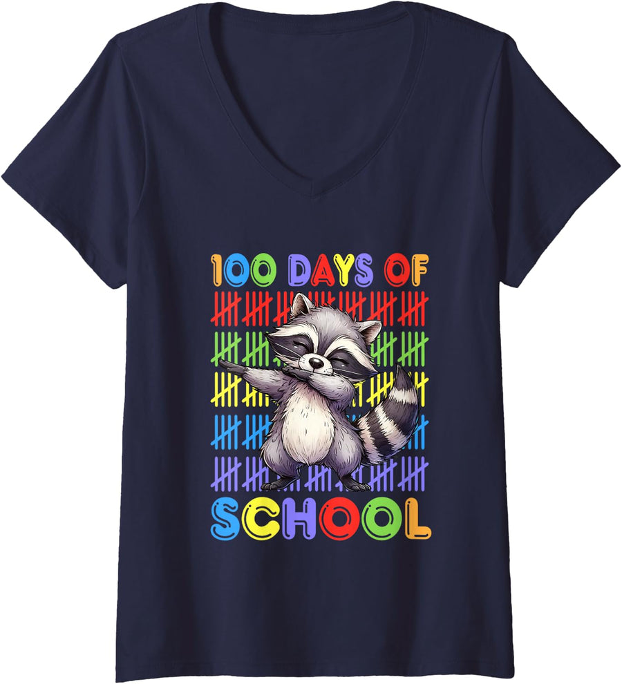 Women's 100 Days of School Dabbing Raccoon Funny Teacher Student V-Neck T-Shirt - Navy Blue