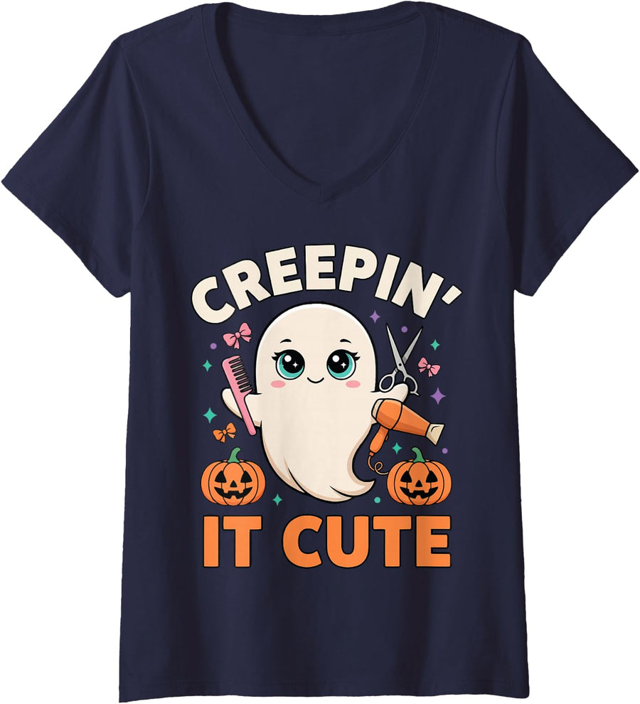 Women's Halloween Hair Stylist V-Neck T-Shirt - Navy Blue