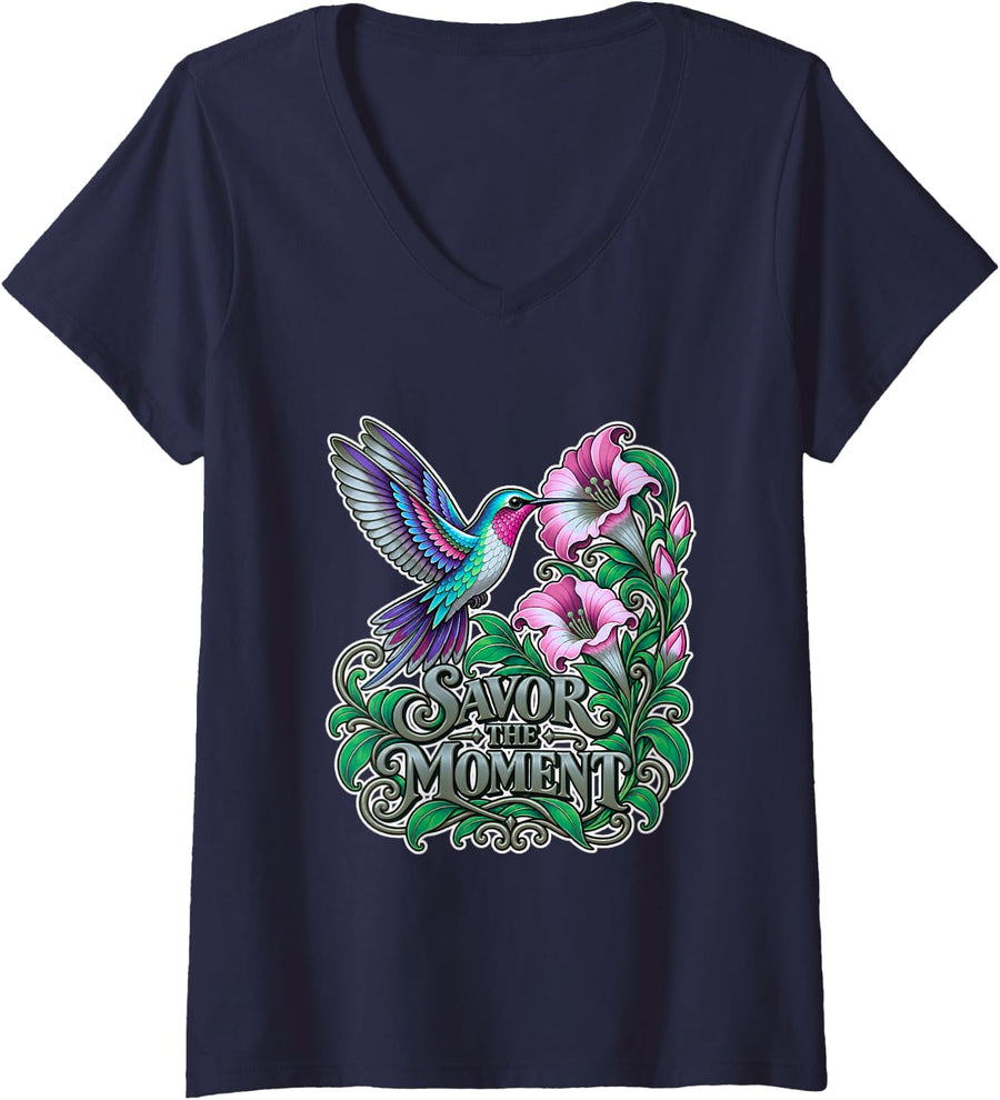 Women's Hummingbird Lover Flower Garden V-Neck T-Shirt - Navy Blue
