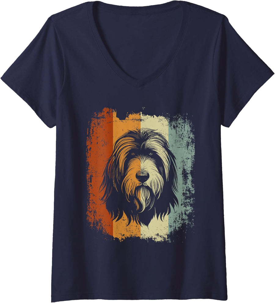Women's Retro Vintage Design Bearded Collie Dog V-Neck T-Shirt - Navy Blue