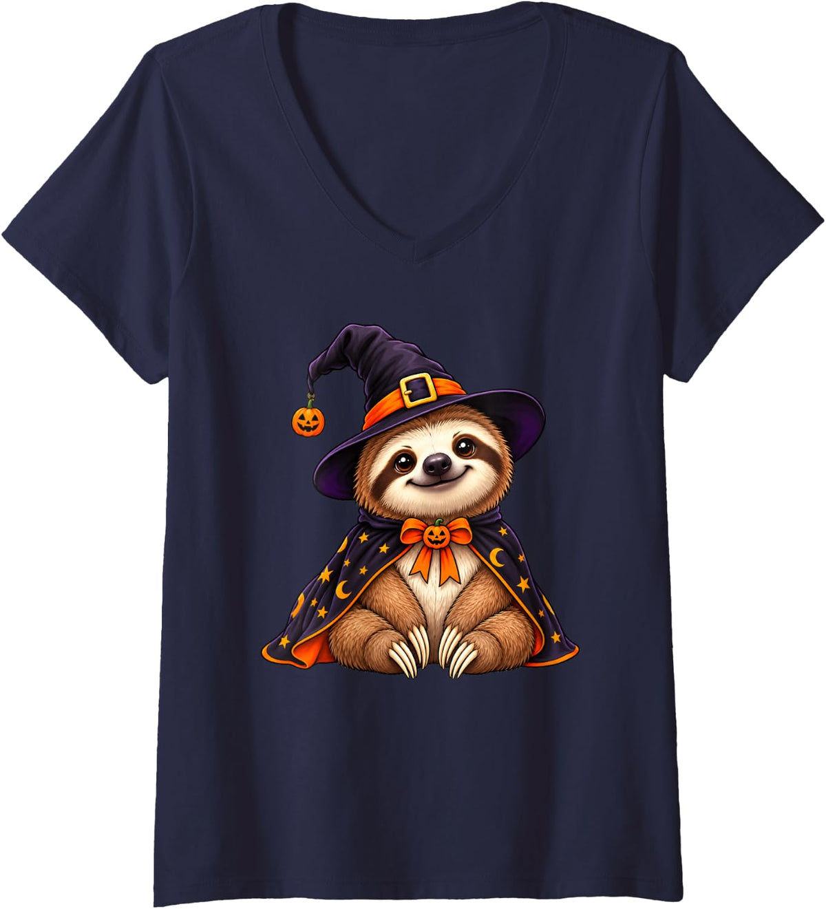 Women's Sloth Dressed As A Witch Halloween V-Neck T-Shirt - Navy Blue