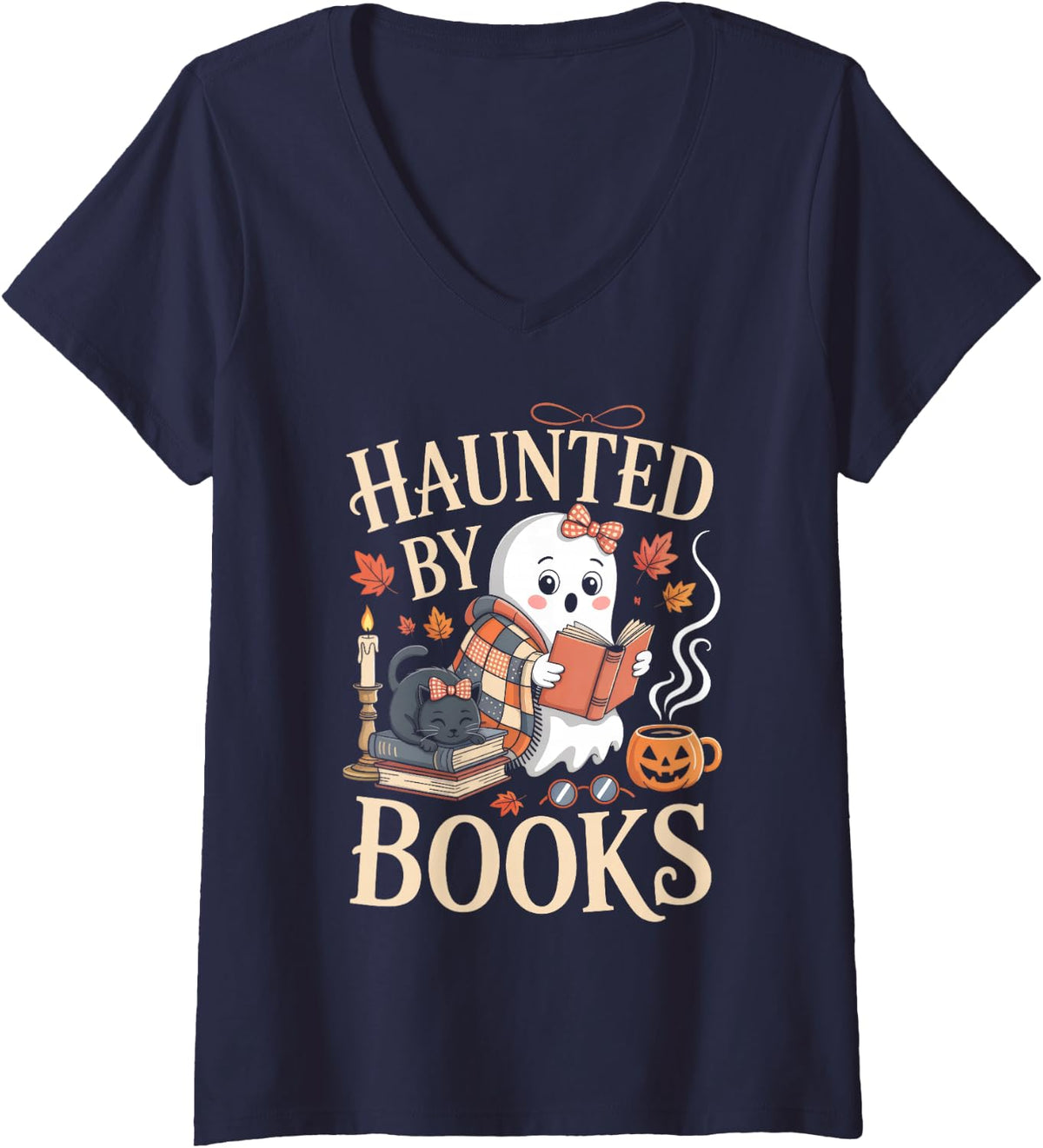 Women's Haunted By Books Vintage Ghost Reading Halloween Book Lover V-Neck T-Shirt - Navy Blue