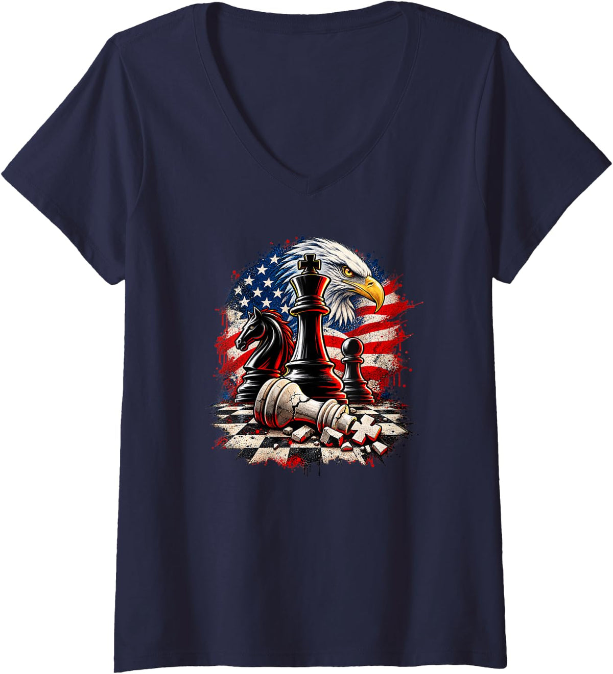 Women's American Chess Eagle King Knight Strategy Art V-Neck T-Shirt - Navy Blue