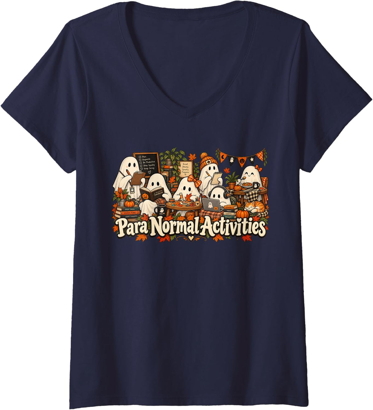 Women's Paranormal Activities Funny Halloween Ghosts V-Neck T-Shirt - Navy Blue