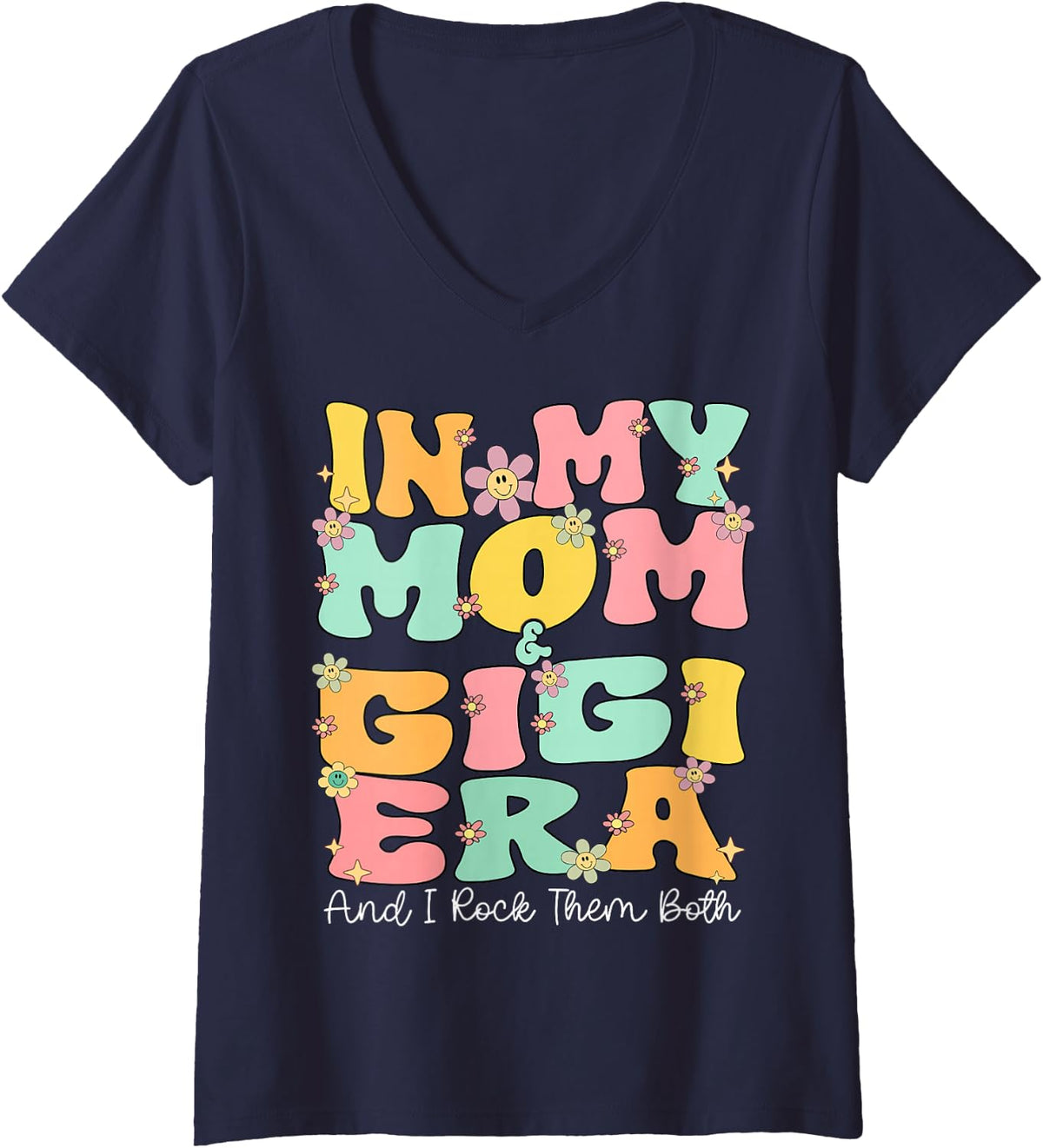 Women's in My Mom and Gigi Era Groovy Mom and Gigi Grandma Christmas V-Neck T-Shirt - Navy Blue