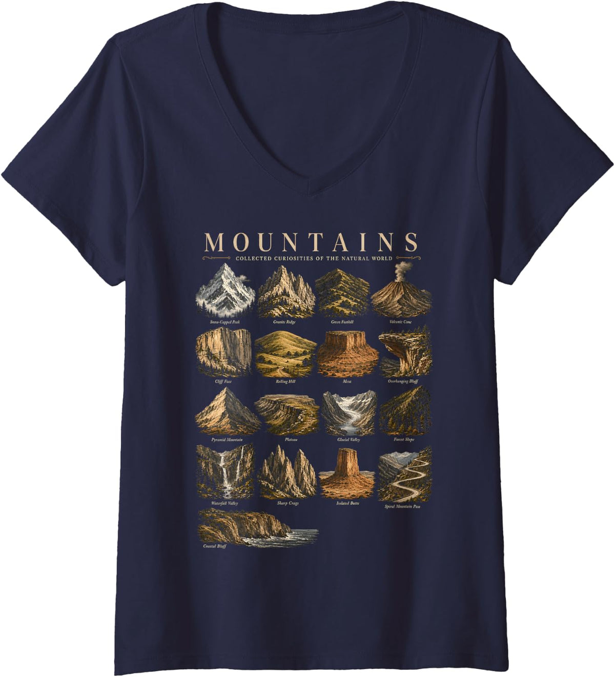 Women's Mountains Chart Types Guide Geology Peaks Landforms V-Neck T-Shirt - Navy Blue