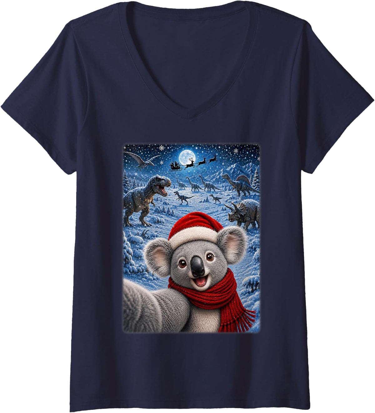 Women's Koala Xmas Dinosaurs Moon Night Starry Theme Koala Christmas V-Neck T-Shirt - Navy Blue