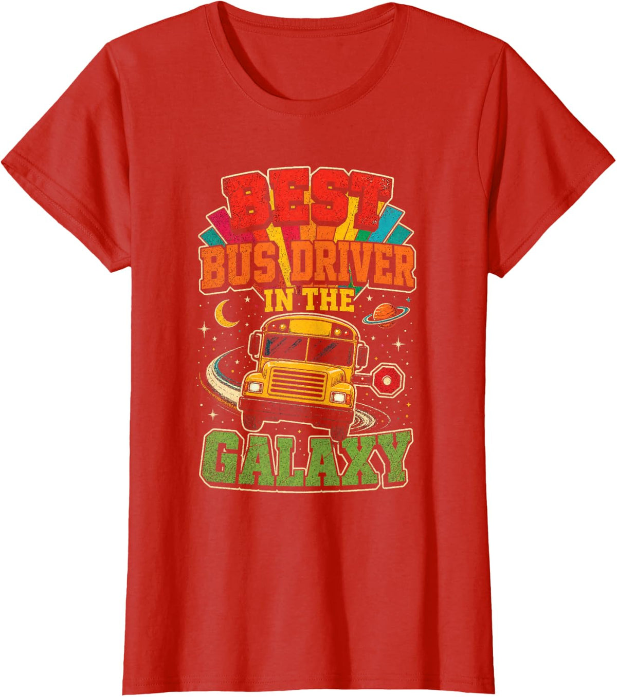 School Bus Driver Gift Galaxy Space Retro Stars T-Shirt - Red