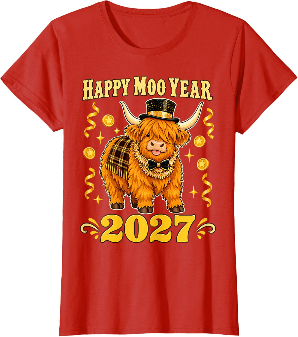 Happy Moo Year 2027 New Year Highland Cow Top Hat T-Shirt - Red