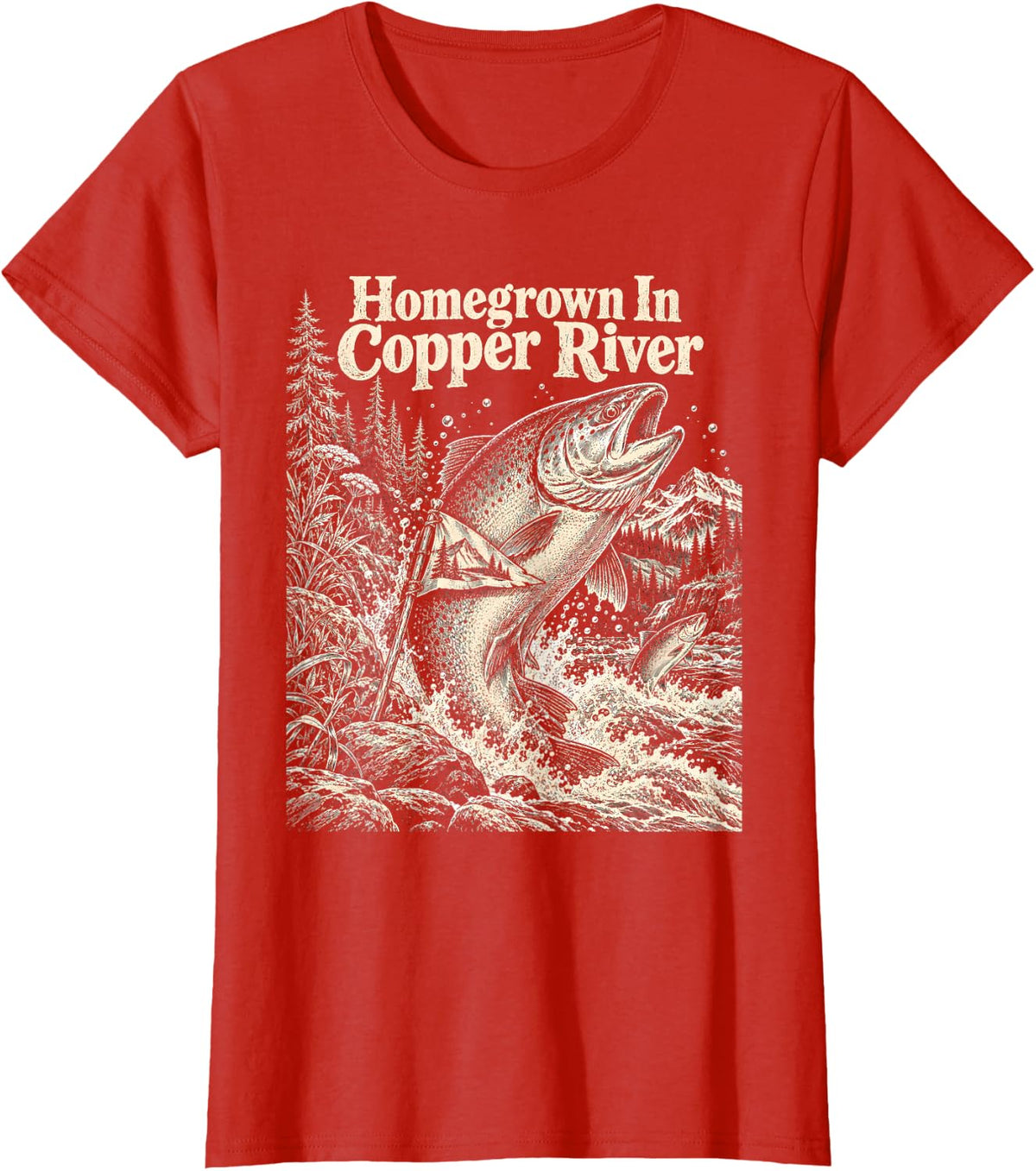 Homegrown in Copper River Fishing Trout Vintage T-Shirt - Red