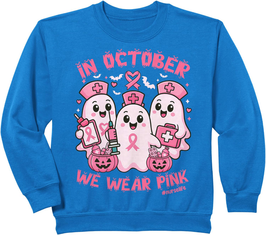 In October We Wear Pink Nurse Ghost Halloween Breast Cancer Sweatshirt - Royal Blue