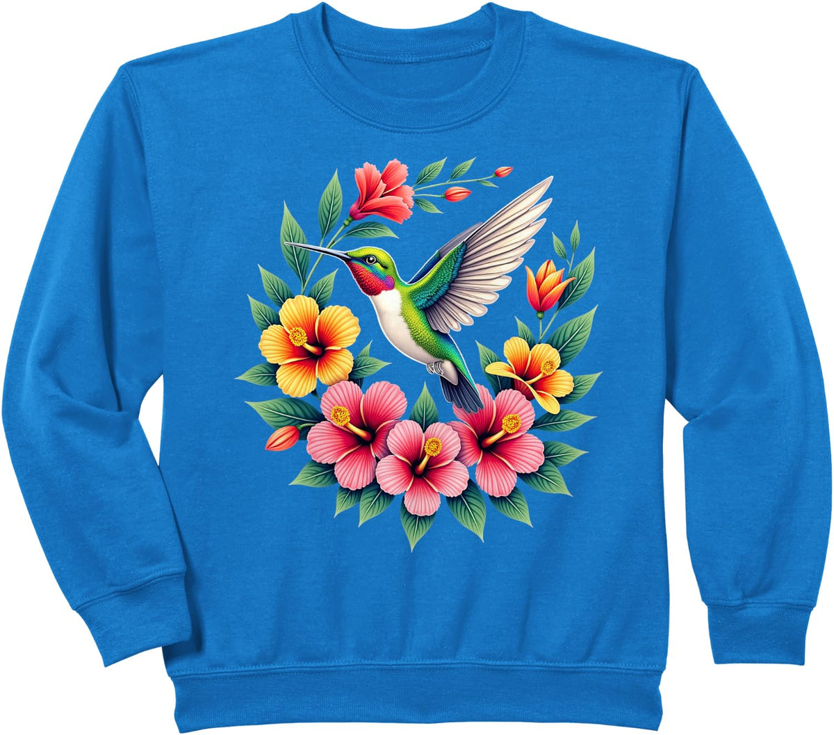 Hummingbird Lovers Colorful Floral Hummingbird Sweatshirt - Royal Blue