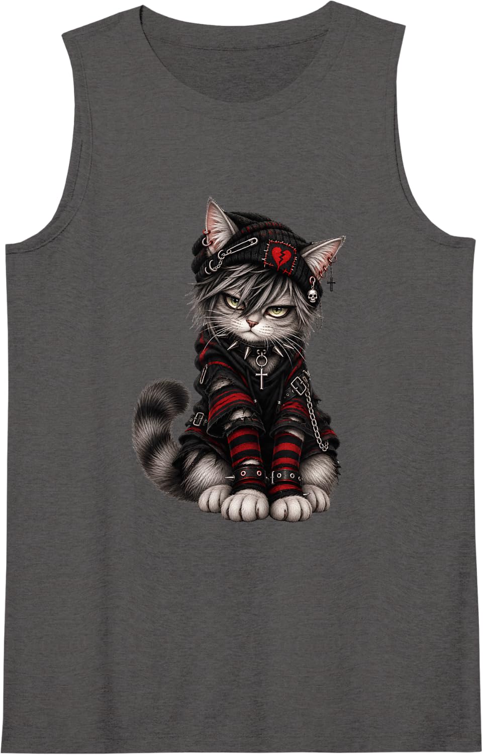 Women's Kitten Gothic Emo Aesthetic, Goth Cat Alternative Edgy Sleeveless Tank Top - Dark Heather Grey