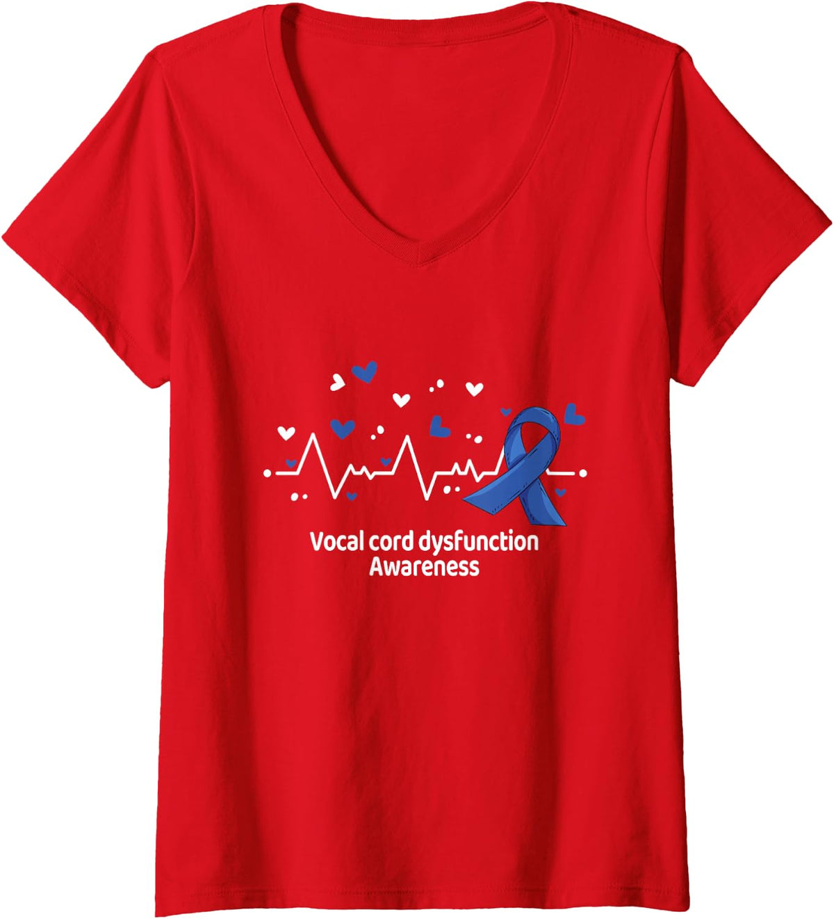 Women's Vocal Cord Dysfunction Awareness Heartbeat Ribbon V-Neck T-Shirt - Red