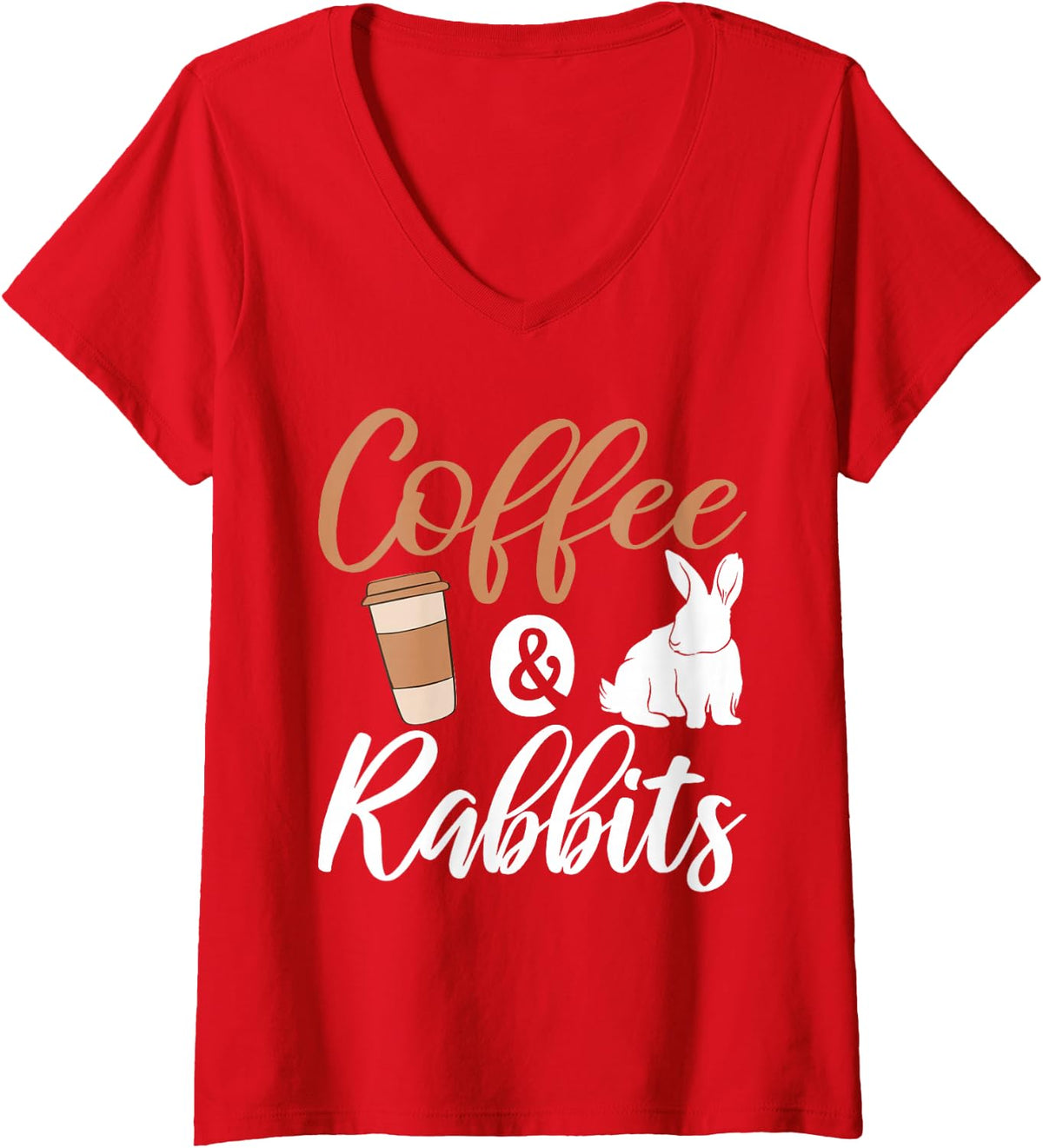Womens Coffee and Rabbits Cute Rabbit Lover V-Neck T-Shirt - Red