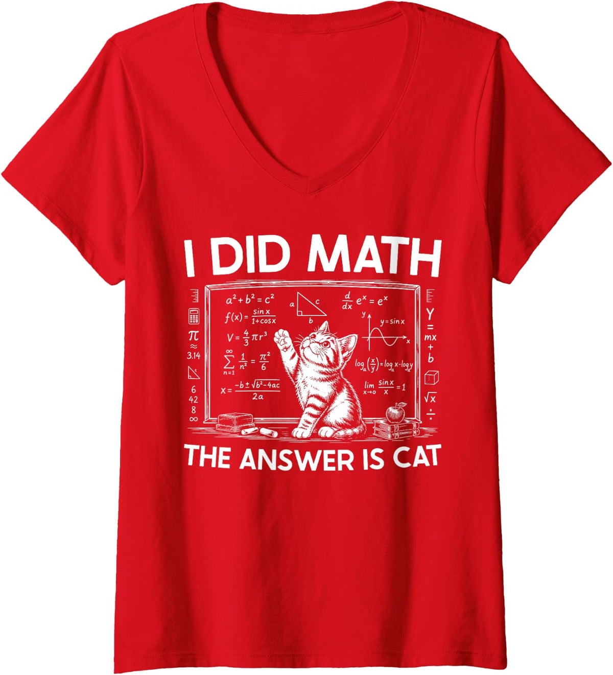 Women's I Did The Math The Answer is Cat Mathematics Math Lover V-Neck T-Shirt - Red
