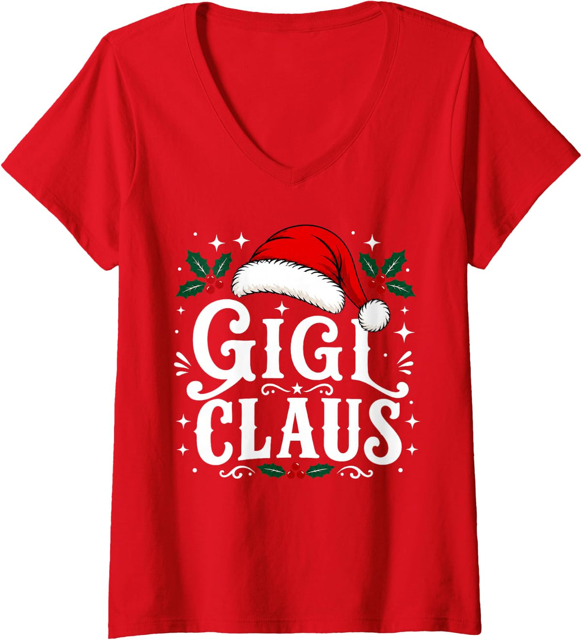 Women's Festive Gigi Claus Christmas Grandma Women Xmas V-Neck T-Shirt - Red