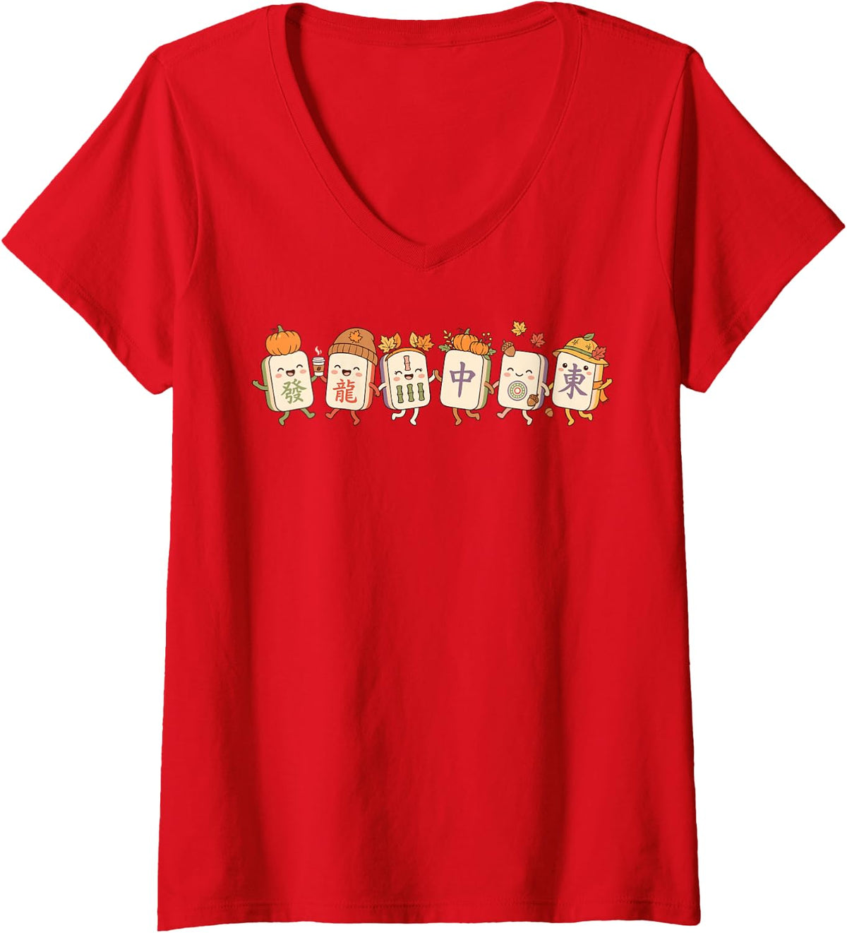 Women's Cute Mahjong Fall Season Design Kawaii Tile Game V-Neck T-Shirt - Red