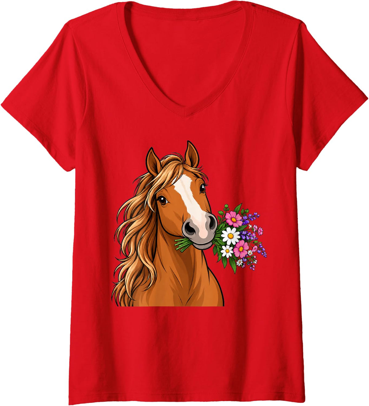 Women's Horse Equestrian Riding Flower Floral Graphic V-Neck T-Shirt - Red