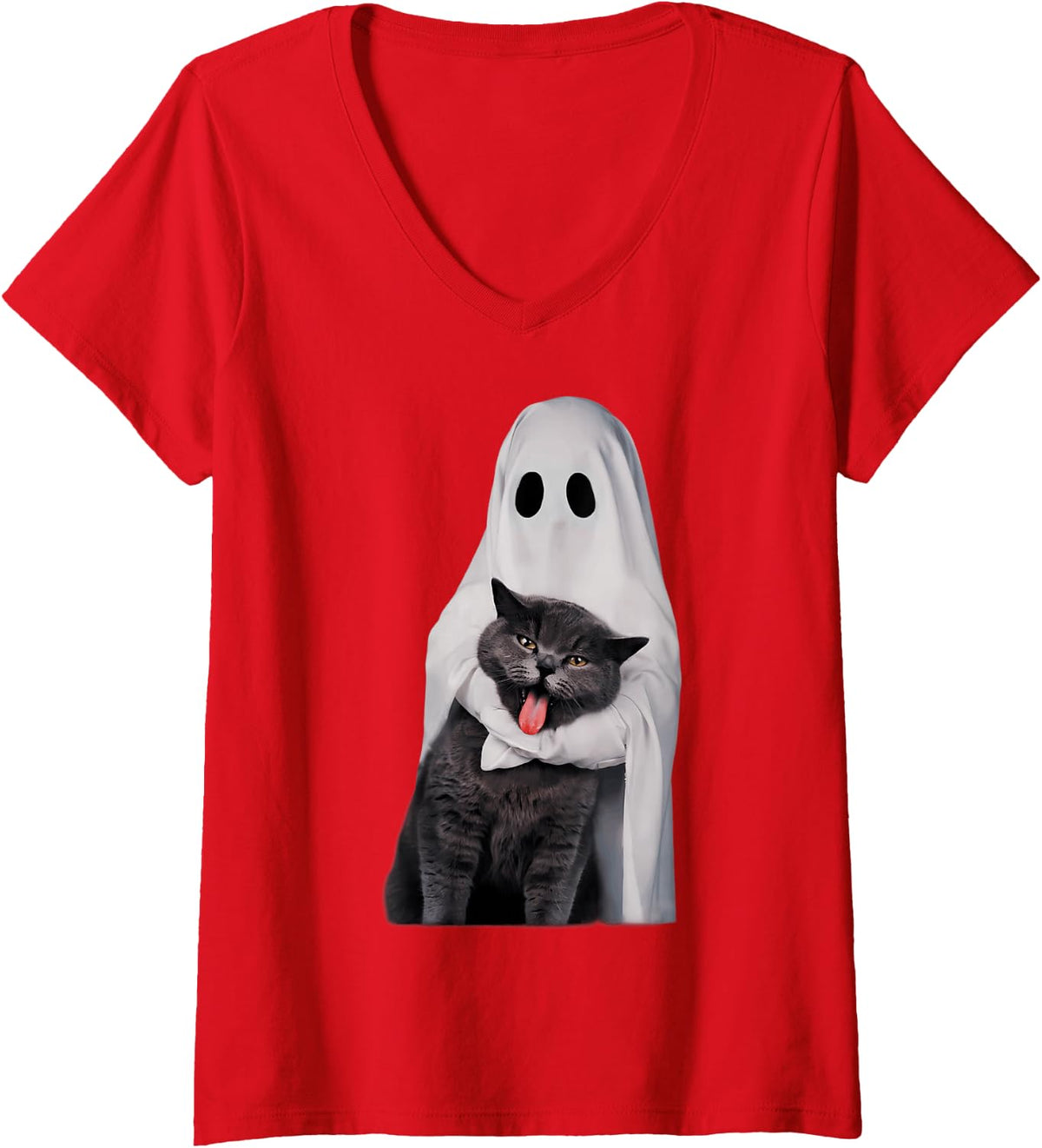 Women's Spooky Sheet Ghost Hugging Funny Cat Meme Halloween Lover V-Neck T-Shirt - Red