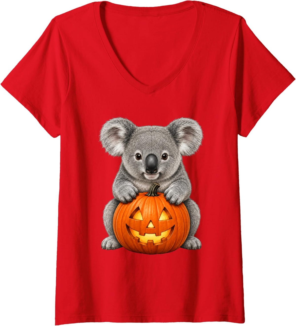 Women's Koala Bear Funny Jack O Lantern Pumpkin Halloween V-Neck T-Shirt - Red