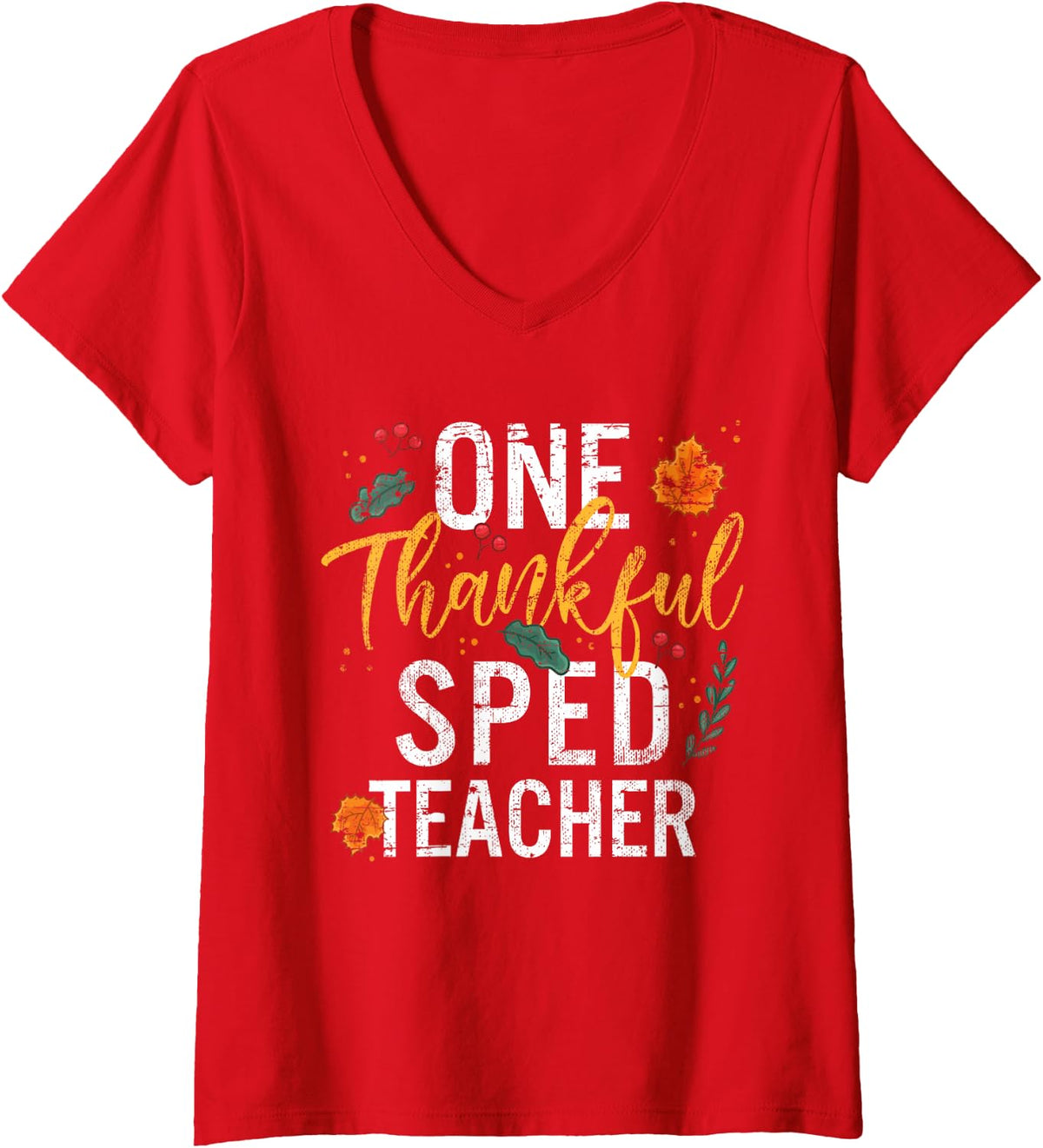 Women's One Thankful SPED Teacher Thanksgiving Vintage V-Neck T-Shirt - Red