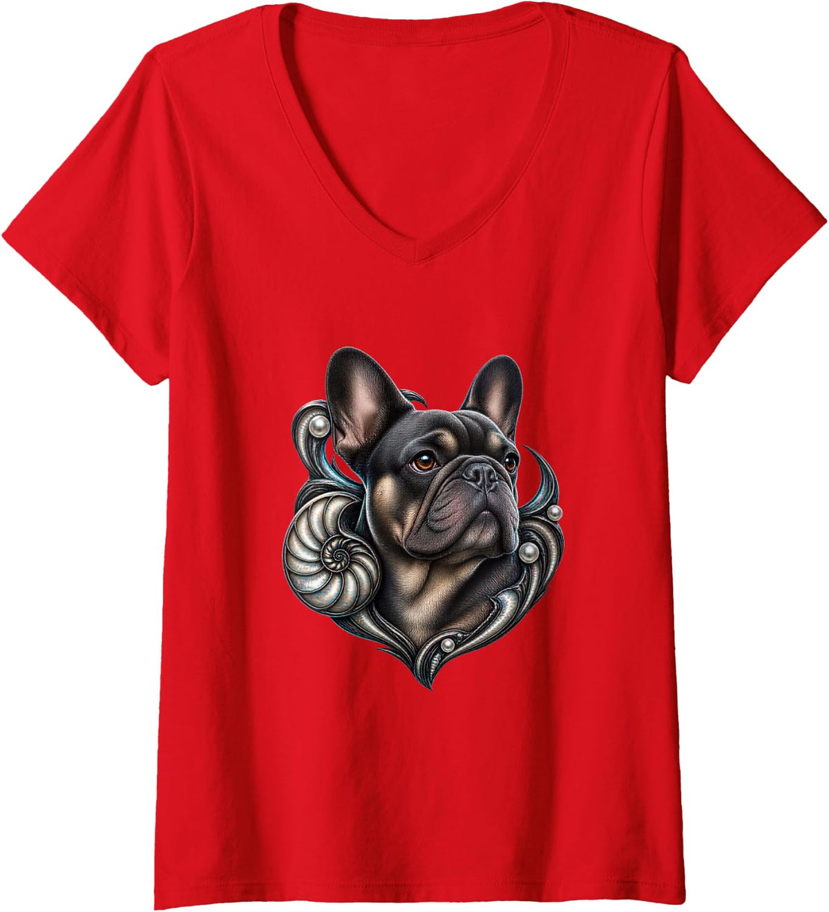Women's French Bulldog with Pearl Spiral Geometry V-Neck T-Shirt - Red