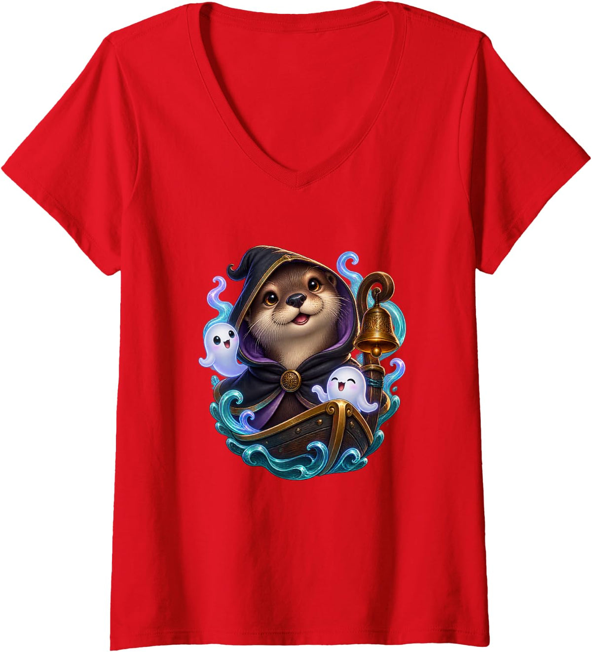 Women's River Otter Spirit Tiny Ghost Ferry Guide Arched Portrait V-Neck T-Shirt - Red