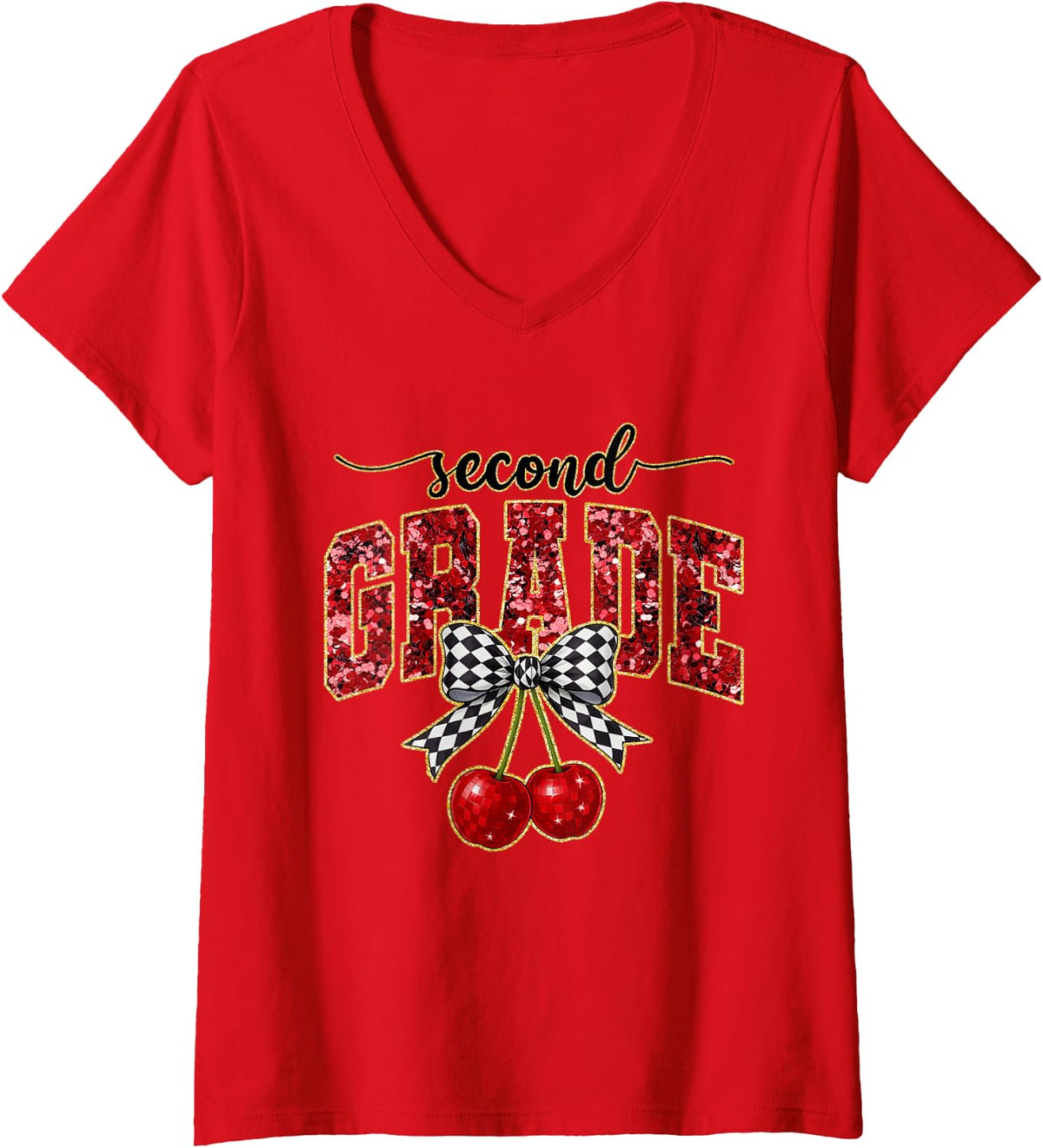 Women's Second Grade Bow Cherry Disco First Day of School V-Neck T-Shirt - Red