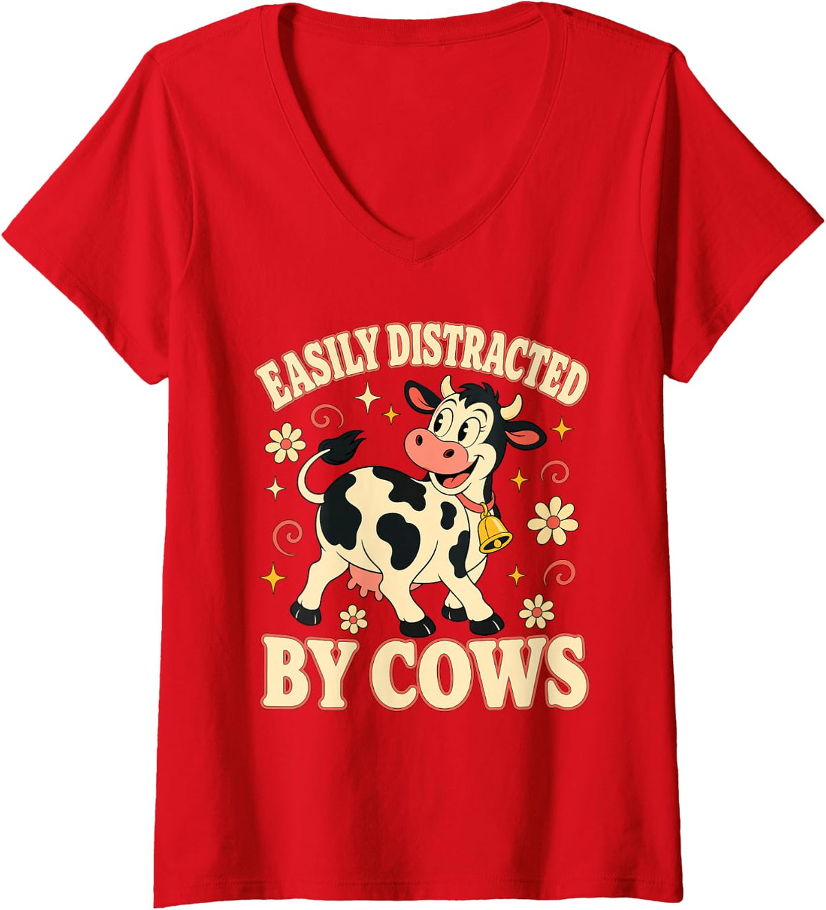 Women's Easily Distracted by Cows Cow Lover Farm V-Neck T-Shirt - Red