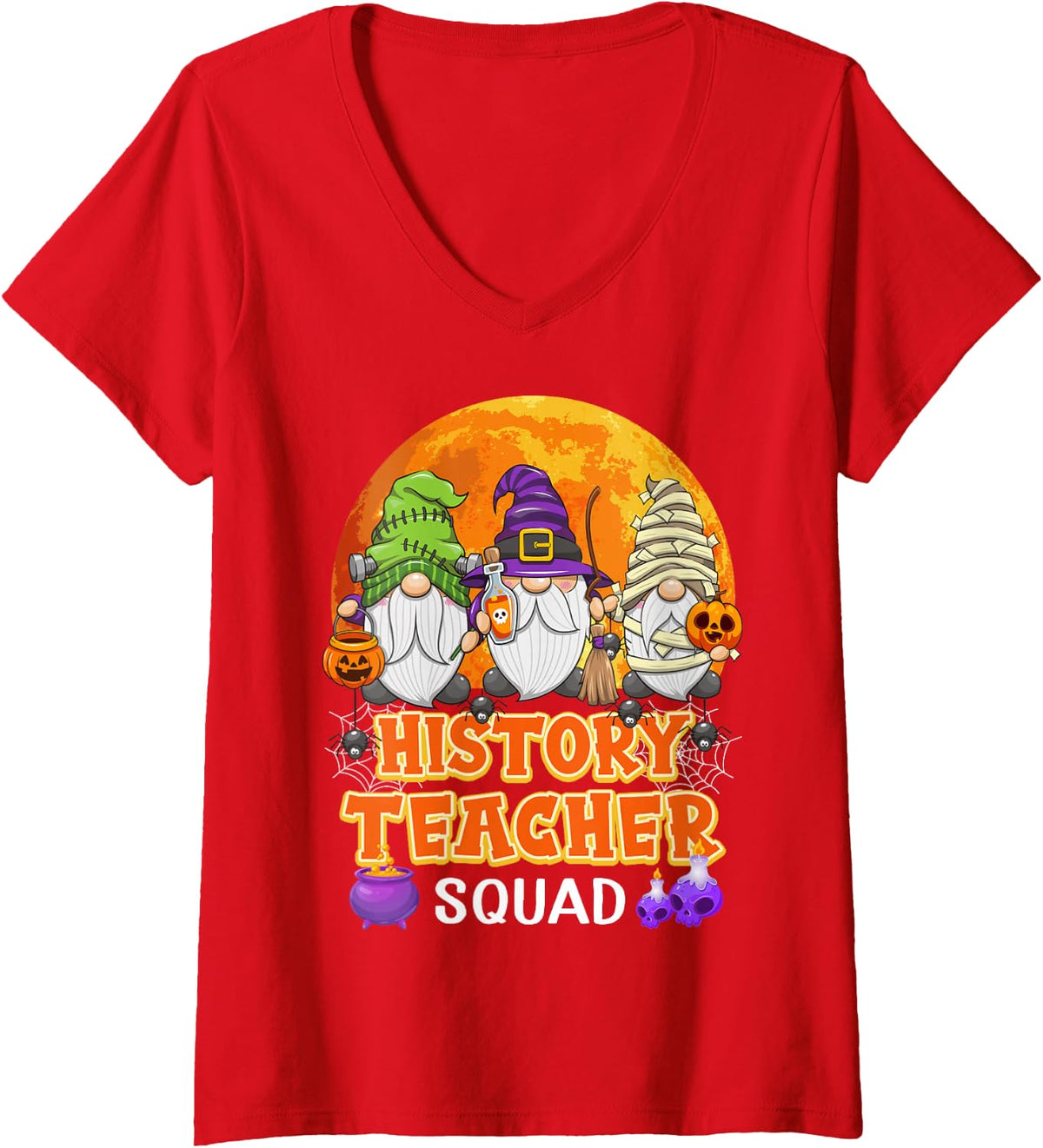 Women's History Teacher Squad Halloween History Gnome Matching V-Neck T-Shirt - Red
