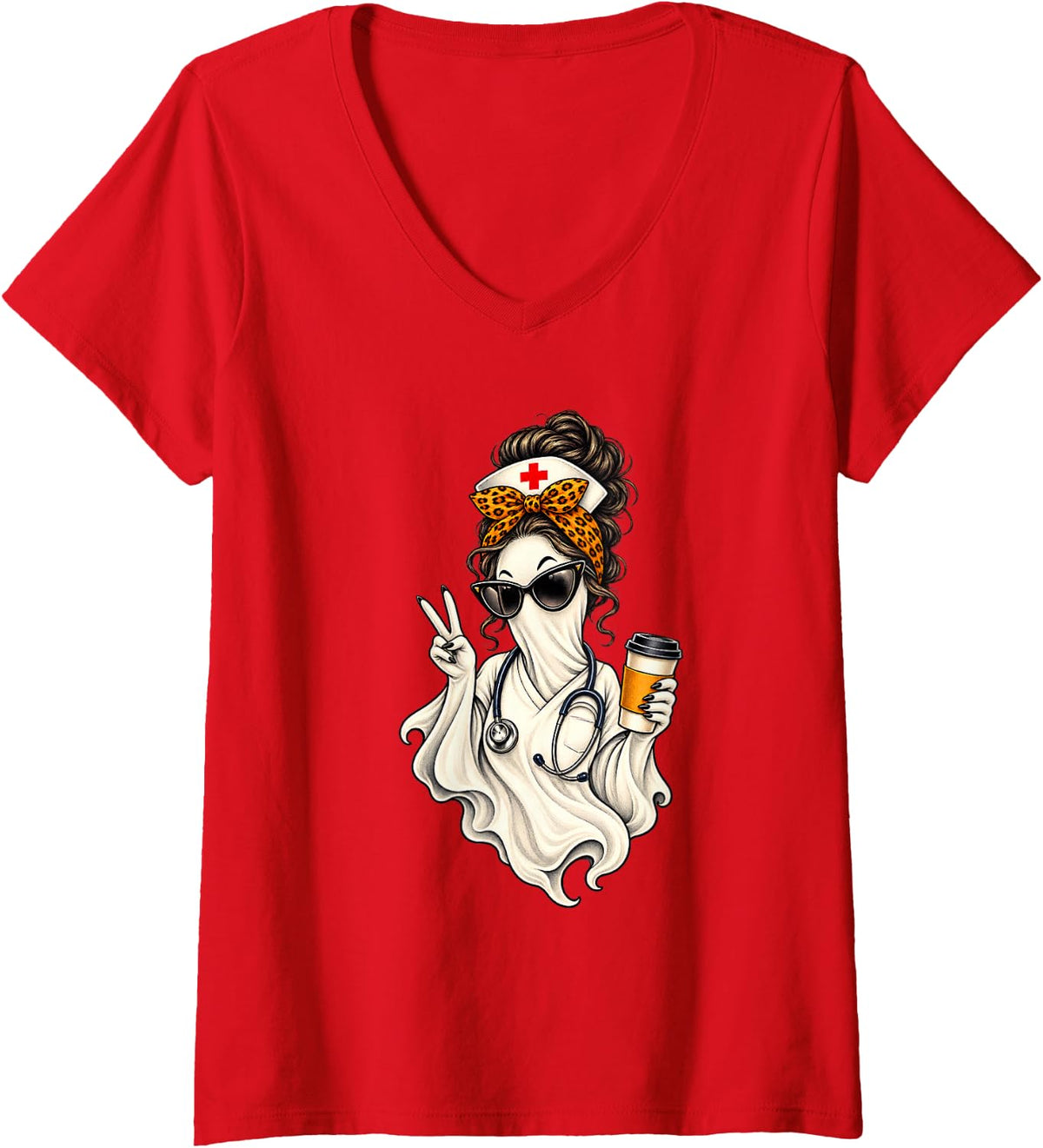 Women's Vintage Ghost Nurse Leopard Bow Coffee Lover Halloween V-Neck T-Shirt - Red