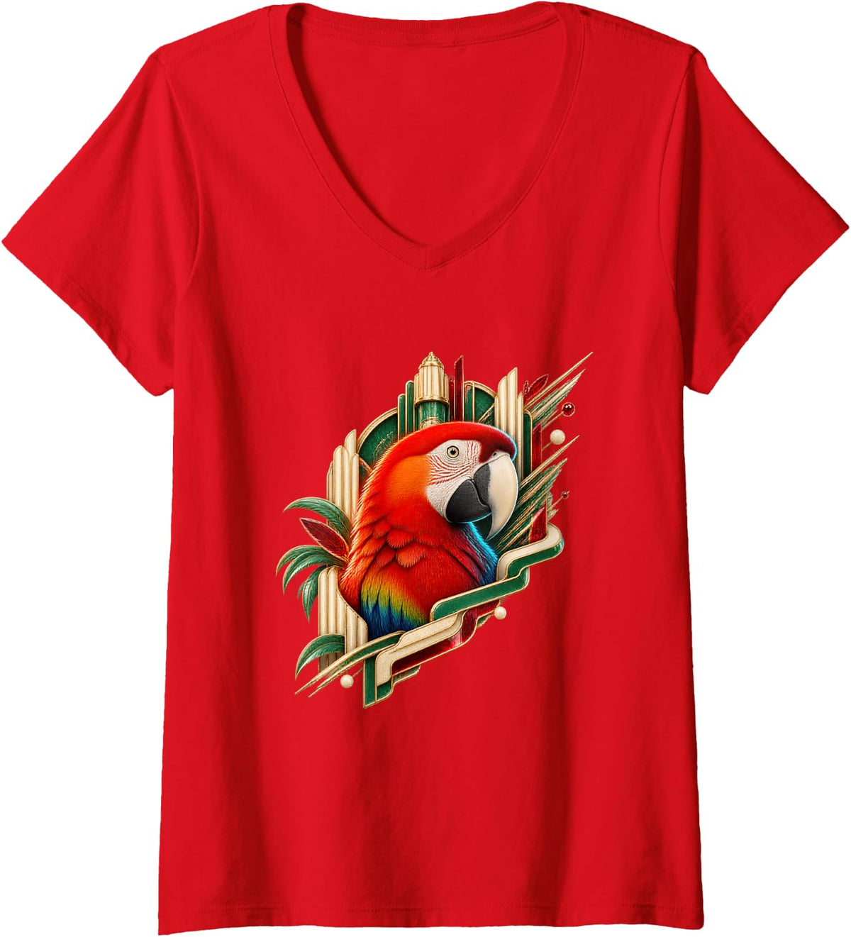 Women's Scarlet Macaw with Jade Deco Lines V-Neck T-Shirt - Red