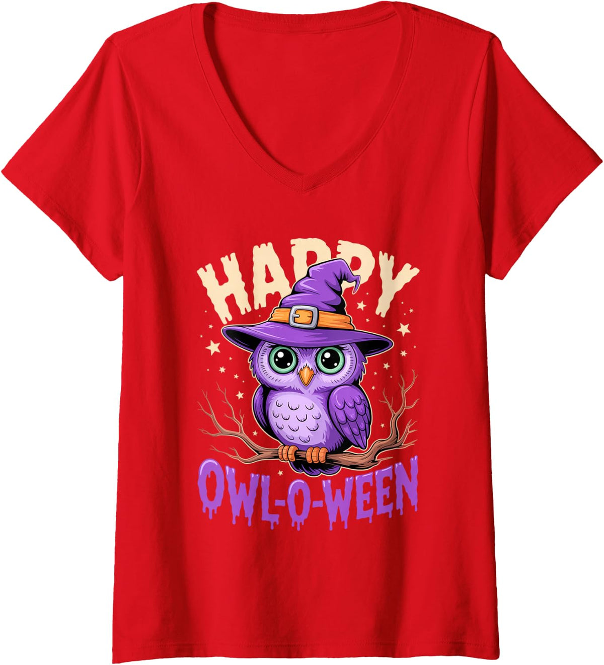 Women's Happy Owl O Ween Cute owl Halloween Outfit V-Neck T-Shirt - Red